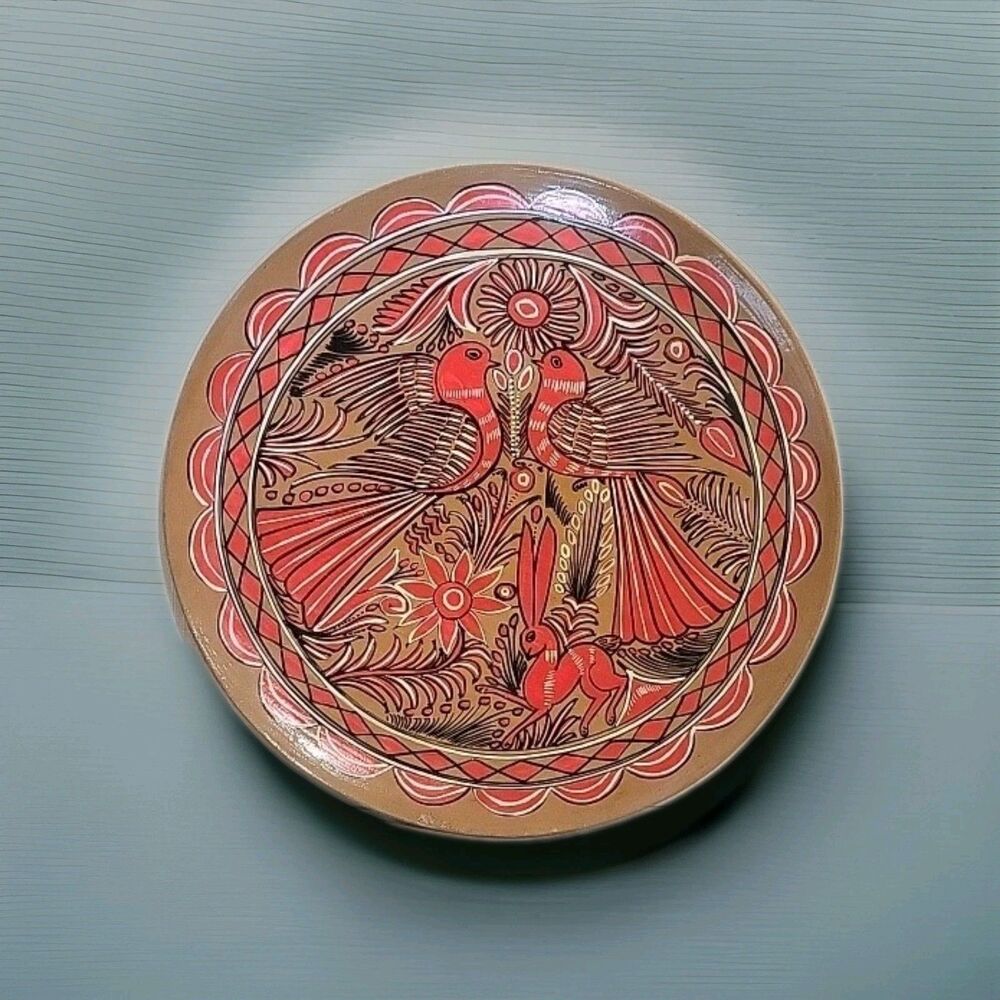 VTG Mexican Tonala Folk Art Plate Hand Painted Bird /Deer Colorful Design 13"